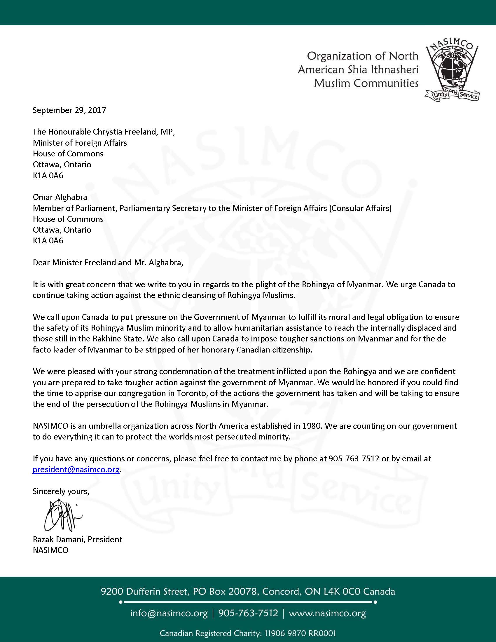 Rohingya Letter to Foreign Affairs Canada - NASIMCO - Organization of ...